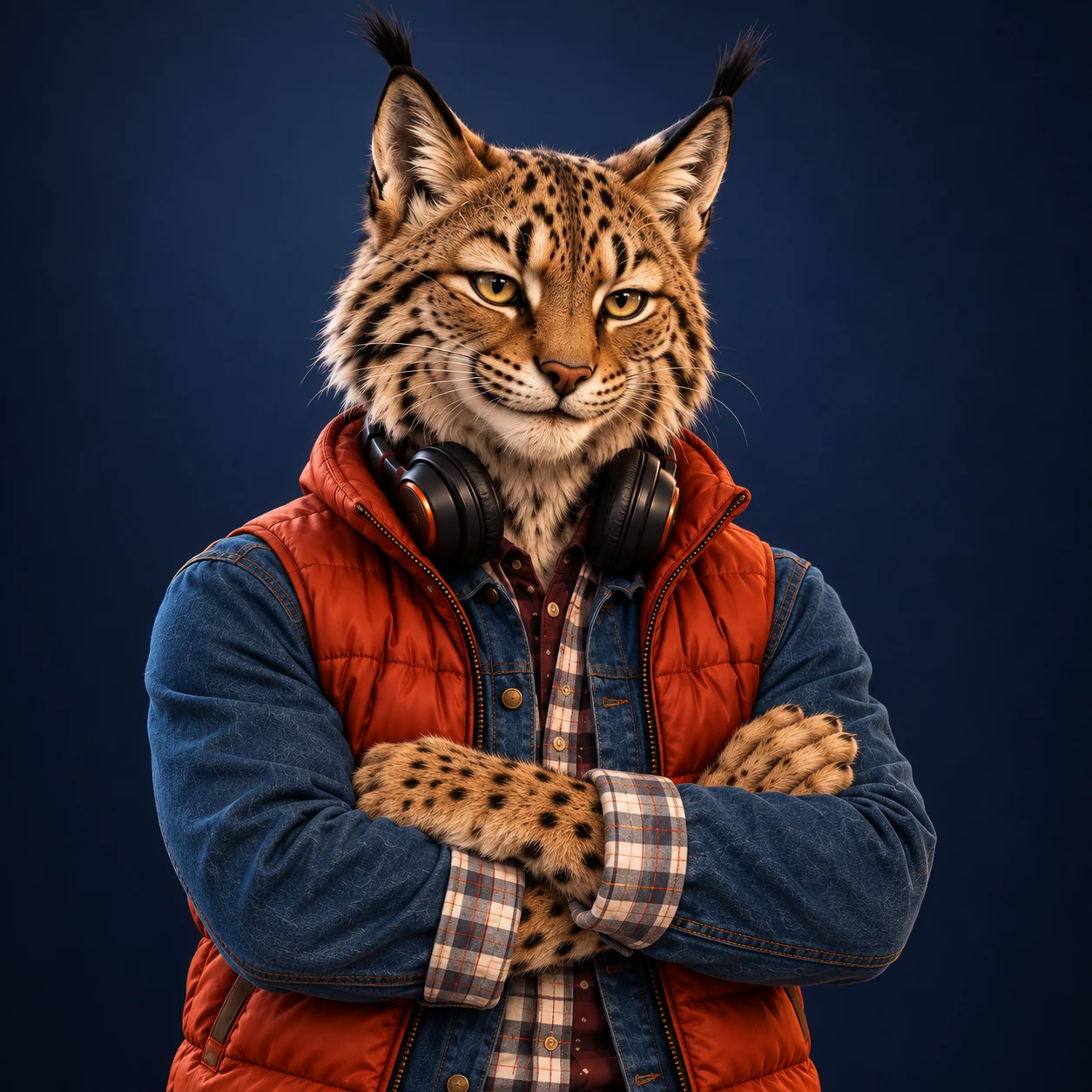 Portrait de Flash le lynx en veste orange, bras croisés sur fond bleu nuit
